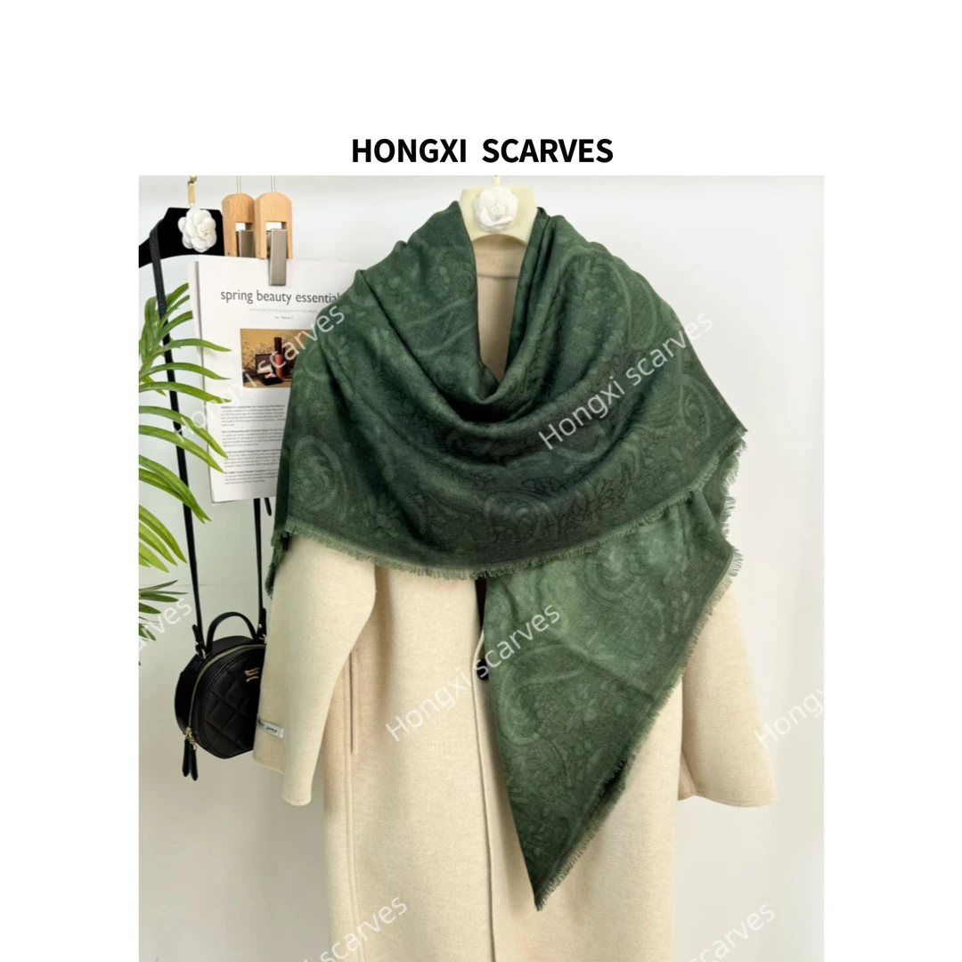 羊毛丝织金奢绿130方巾手工渲染流苏百搭时尚气质丝巾围巾H128