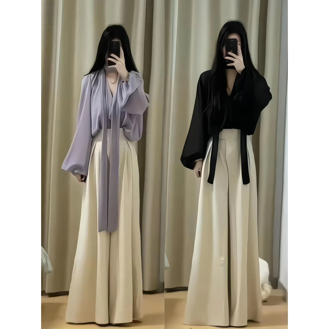韩系v领绑带衬衫上衣垂感阔腿休闲裤套装女气质高级感