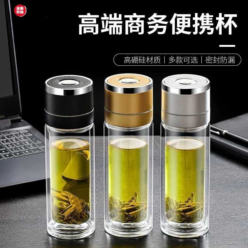 一键开盖茶杯玻璃杯车载新款商务男士分离便携双层一键按压方便开