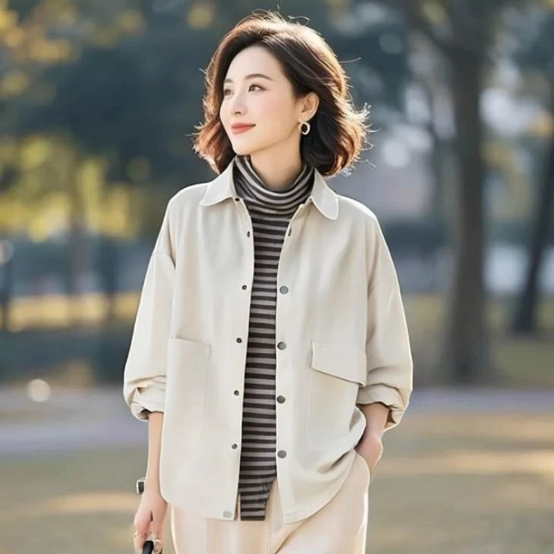 外套宽松显瘦大码休闲百搭风衣韩版上衣2025春秋工装长袖衬衣衬衫