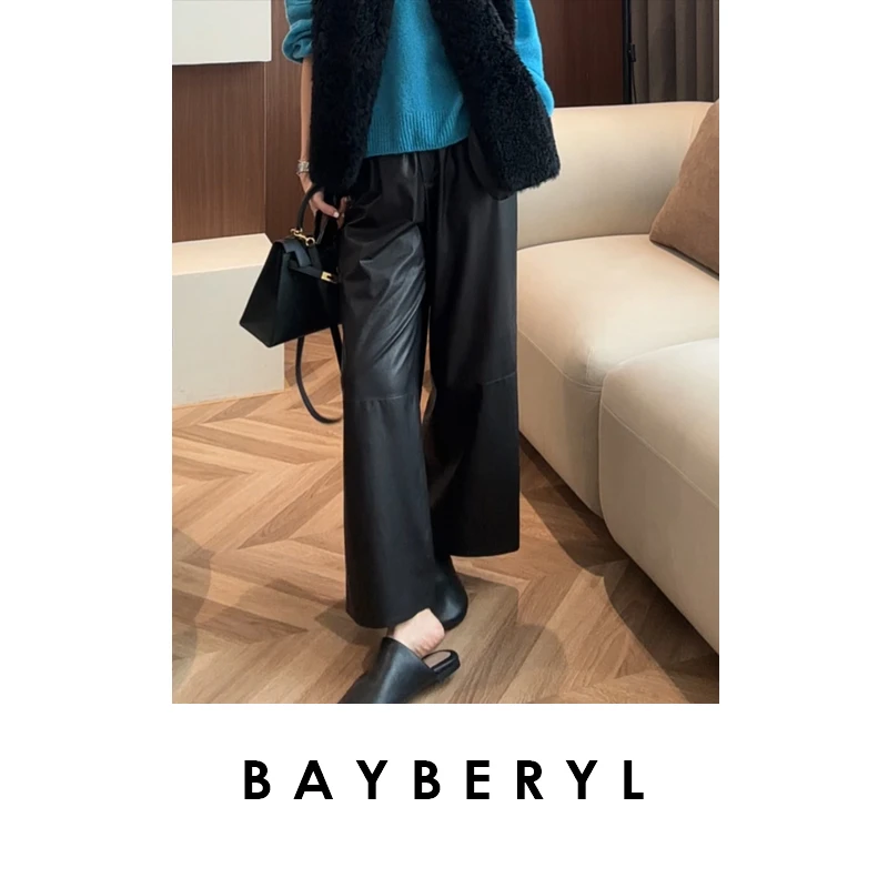 BAYBERYL老贝超薄皮裤阔腿松紧腰百搭黑时尚休闲裤XXK5H1501-8/17