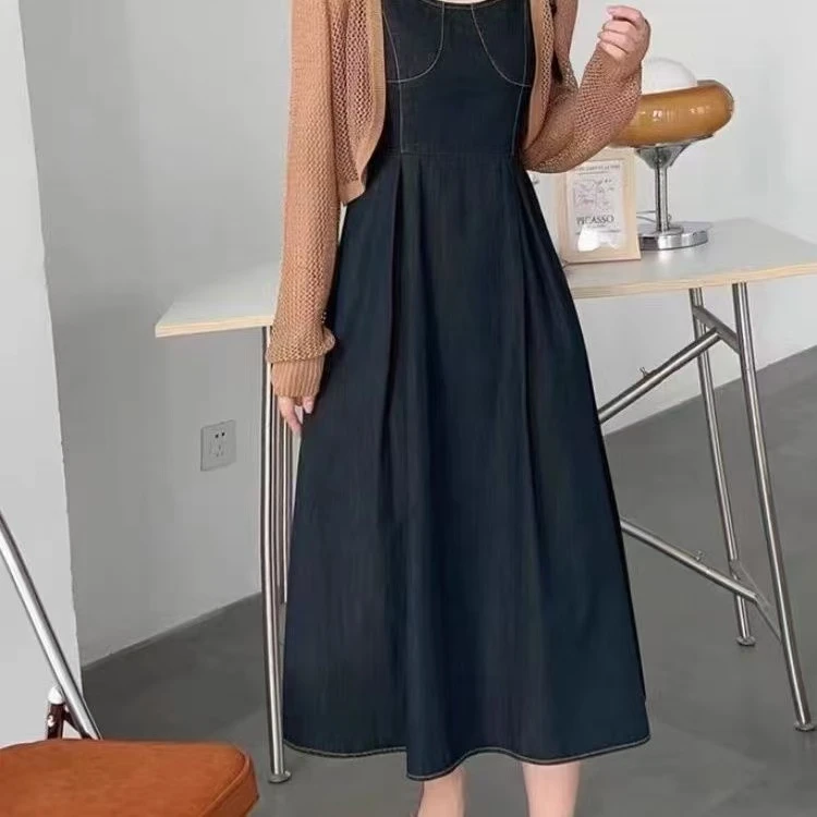 两件套针织气质开衫吊带牛仔连衣裙套装C375