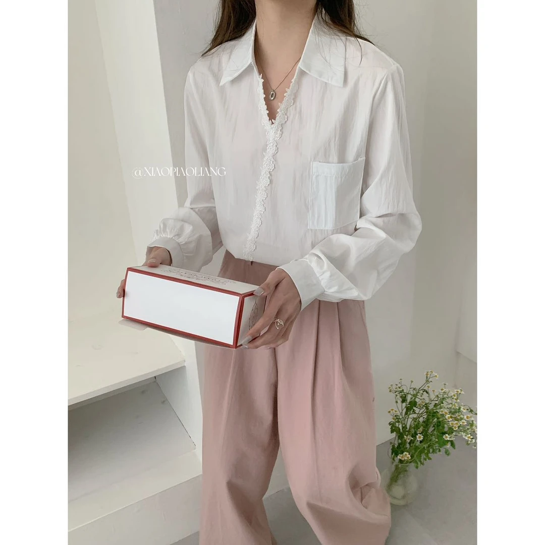 新款白色百搭气质长袖拼接设计感衬衣休闲小众衬衫6900#0.12 DL