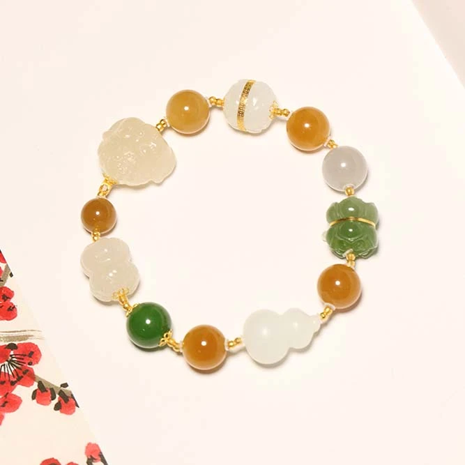 【叶叶珠宝】939和田玉并蒂莲+象神多宝手串+18K金糖料碧玉手链