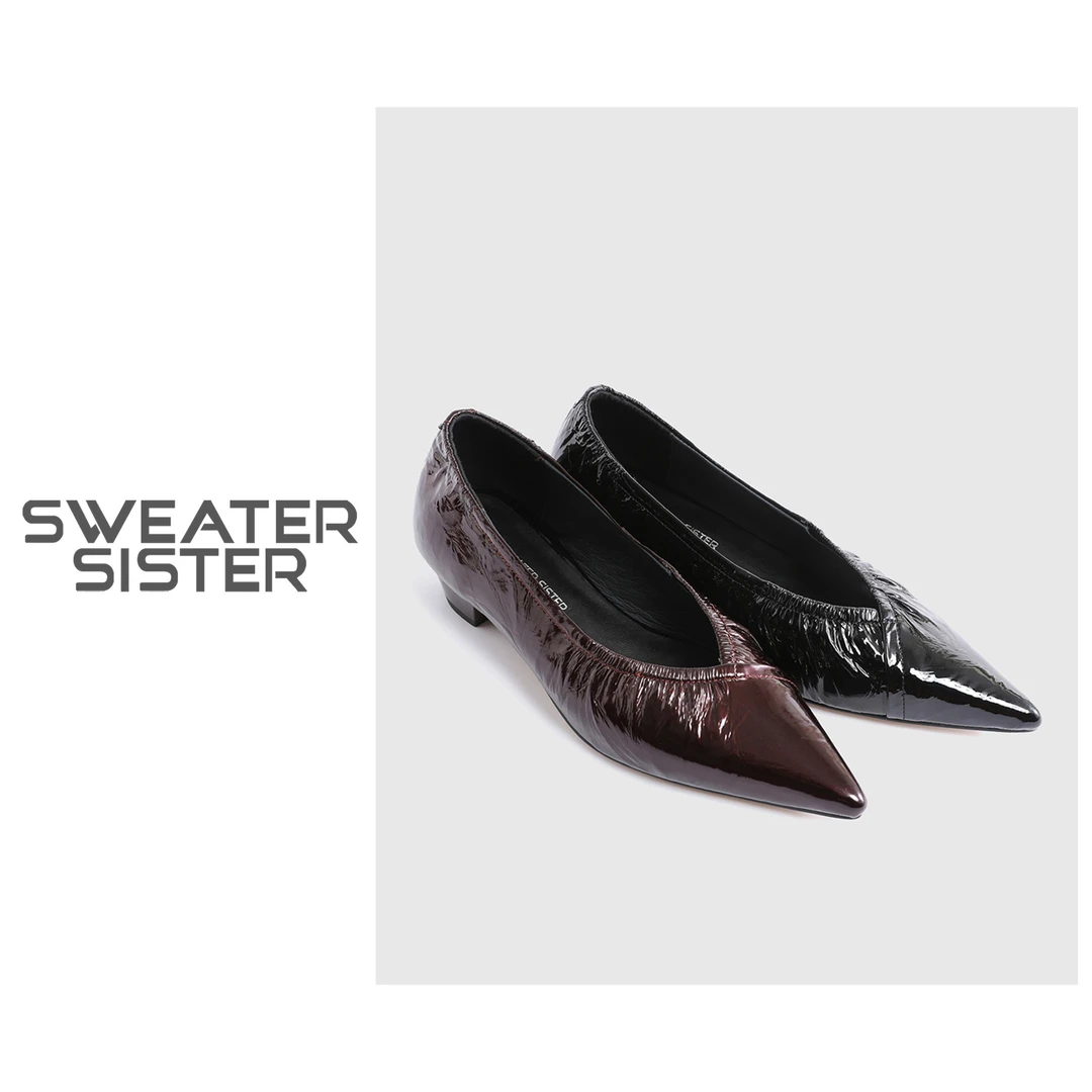 简约时尚褶漆皮浅口尖头粗跟单鞋女25-610