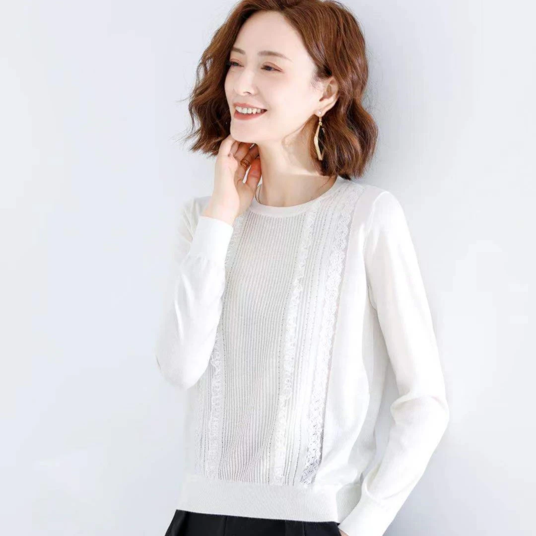 悦享女装2021秋冬新款时尚蕾丝拼接宽松短款羊毛针织打底衫