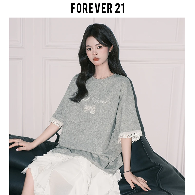 Forever21独特蕾丝拼接灰色圆领短袖T恤女夏季蝴蝶结韩系宽松上衣