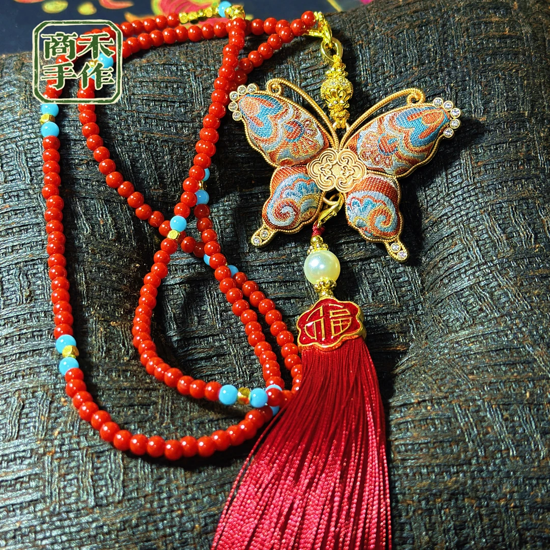 非金属仿水晶项链 名家宋锦蝴蝶项链、毛衣链汉服配饰 国风长款