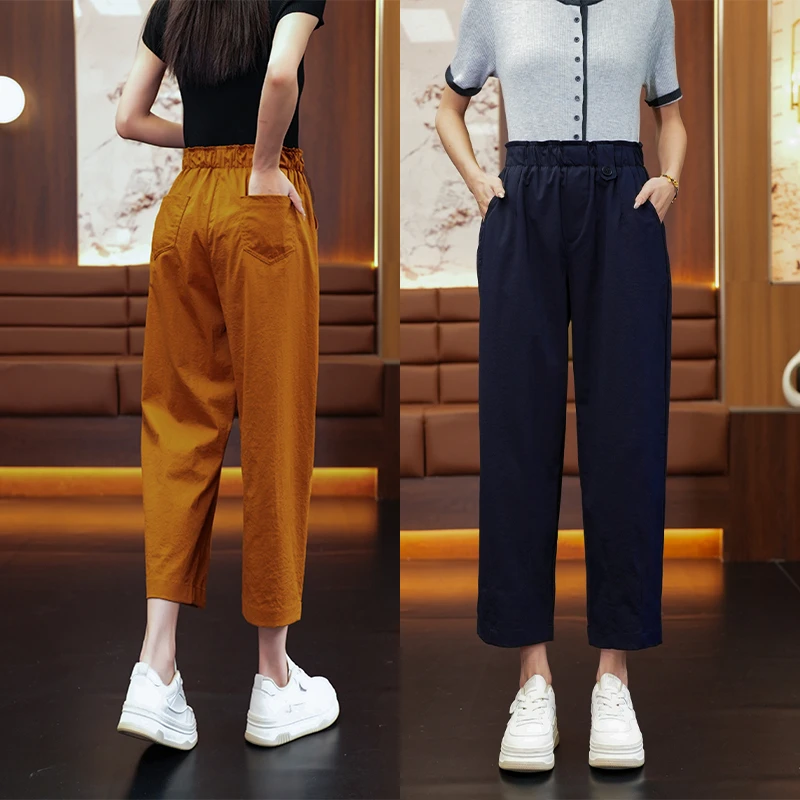 夏季薄款八分哈伦裤大码宽松速干休闲裤高腰弹力松紧腰中老年2528