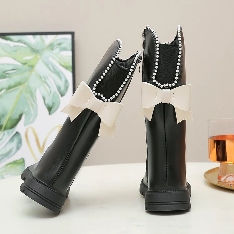 高筒后蝴蝶结皮靴时尚单靴小香风中大童公主长靴棉靴女童马丁靴潮