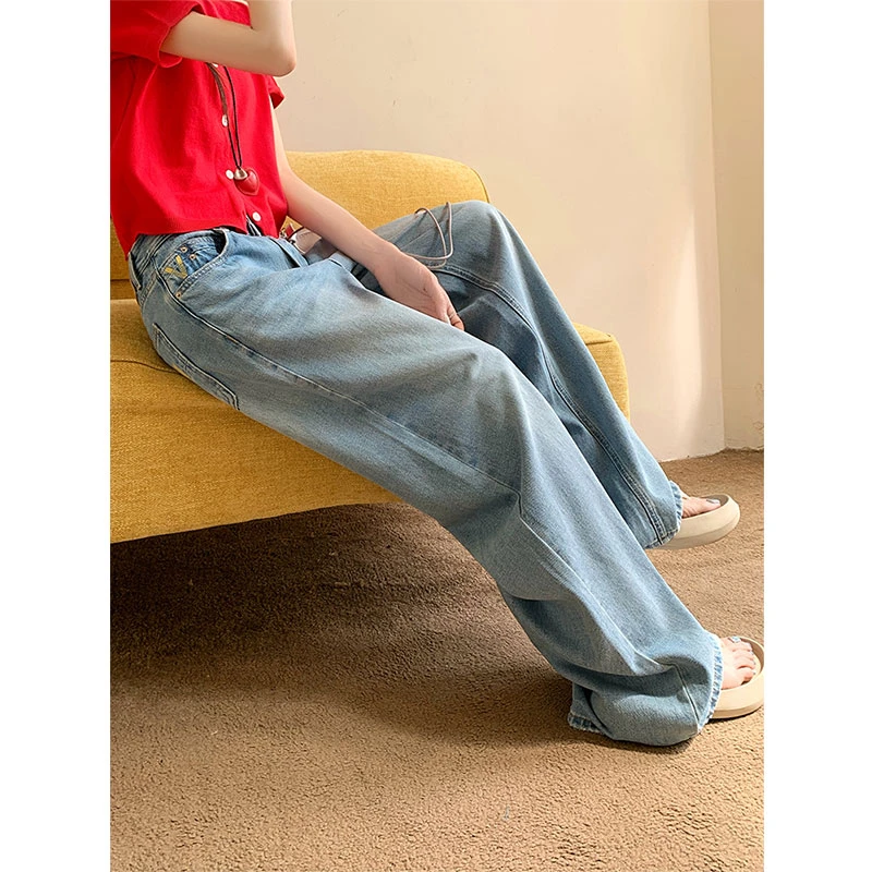 【现现专场】夏新款窄版直筒阔腿裤大码胖mm高腰显瘦口袋刺绣牛仔裤