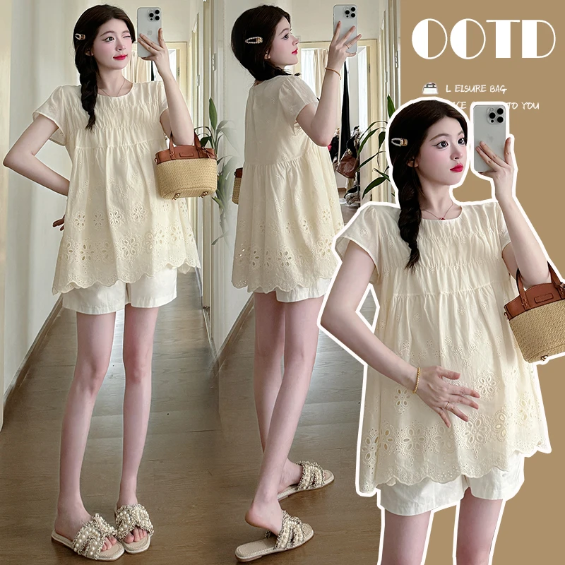 孕妇套装夏季甜美时尚减龄娃娃衫绣花孕妇装上衣+托腹短裤两件套