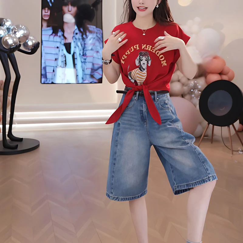 五一旅游出街衣服2025夏季时尚美式复古狗狗绑带短袖上衣洋气女装