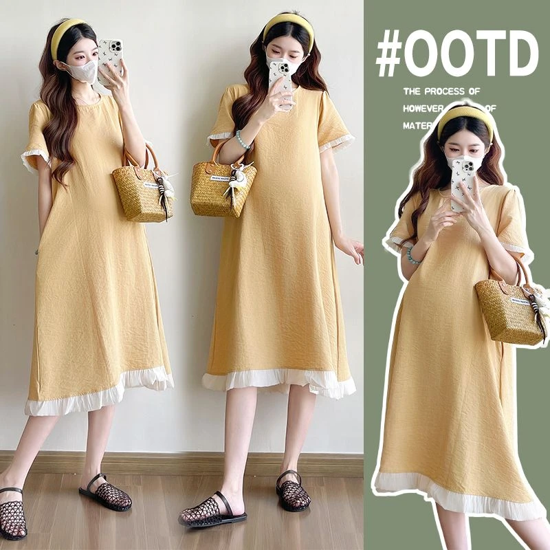 2025孕妇韩版夏季时尚气质宽松显瘦A字圆领休闲中长款过膝连衣裙