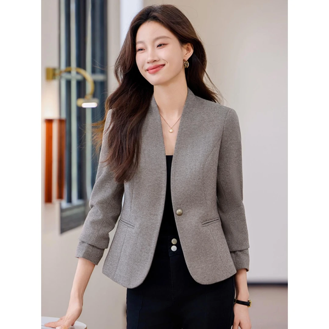 咖啡色春秋女西装外套短款小个子洋气新款女士西服套装宽松上衣