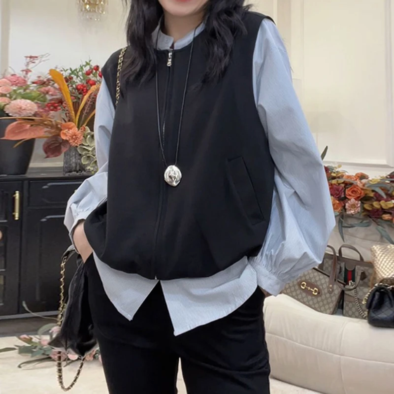 韩系慵懒风拼接假两件衬衫大码胖mm早秋轻薄减龄显瘦单排扣上衣女