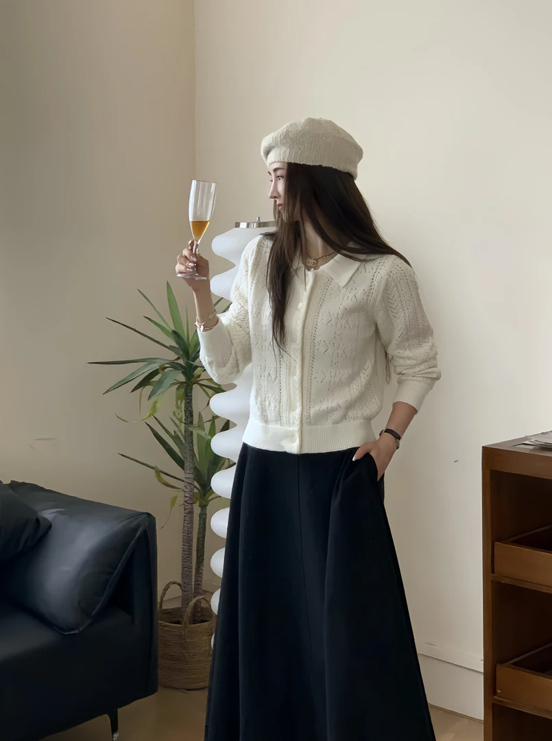 NINGLYNN STUDIO 镂空小香风针织开衫女秋季 360219