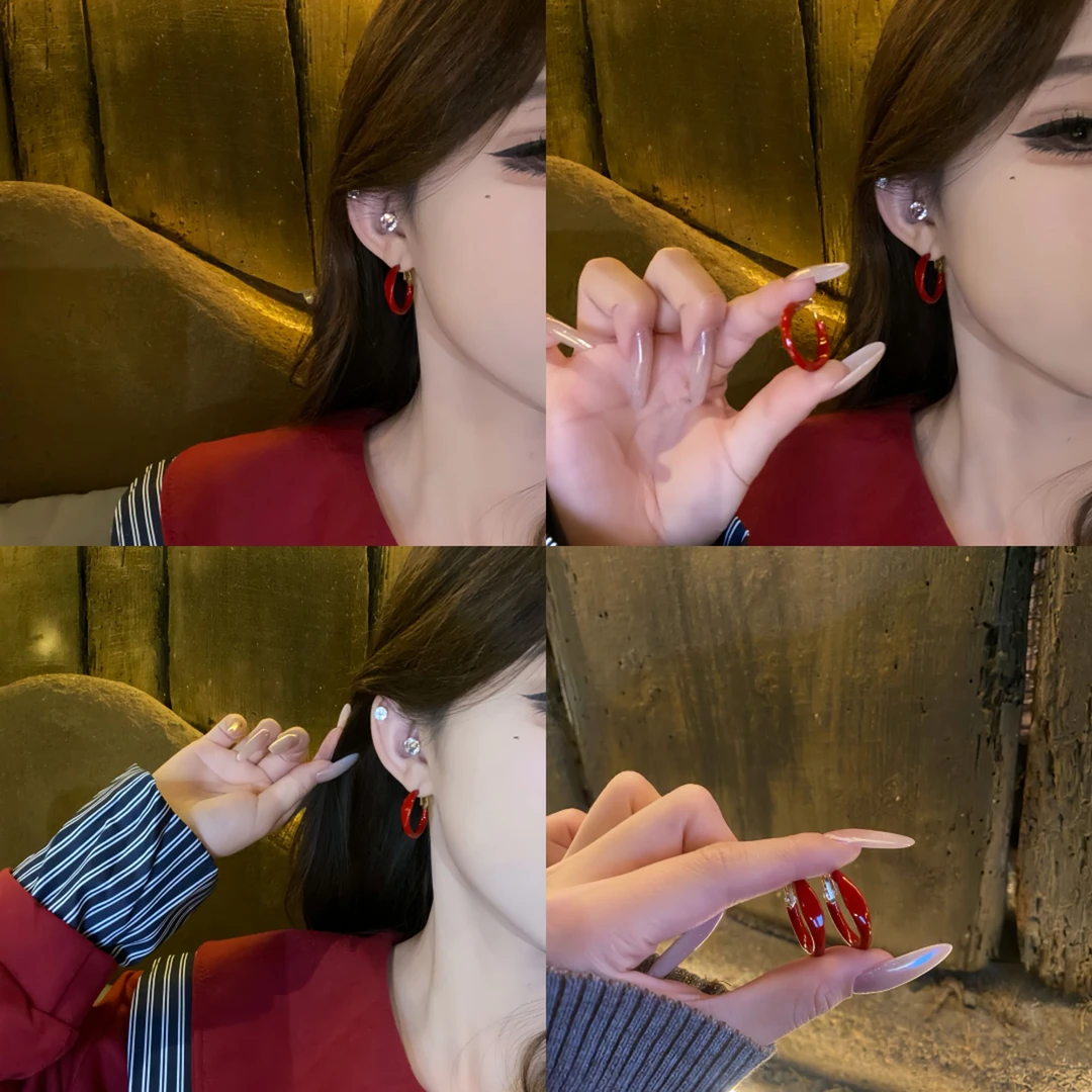 铜合金耳饰 2025年秋冬款安可拉红耳环个性耳圈百搭气质圆圈耳钉