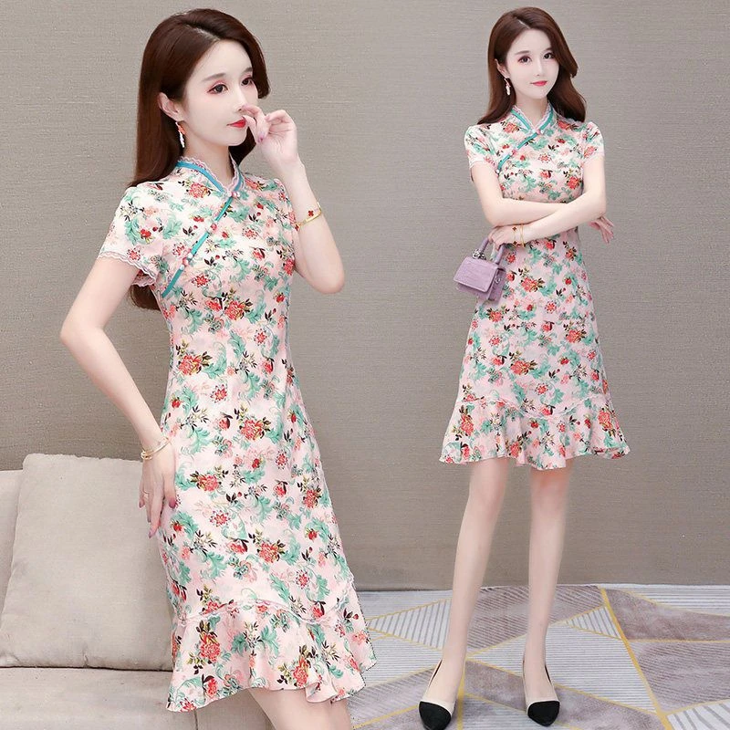旗袍改良版连衣裙女夏装2023新款气质显瘦遮肚小个子碎花鱼尾付熔