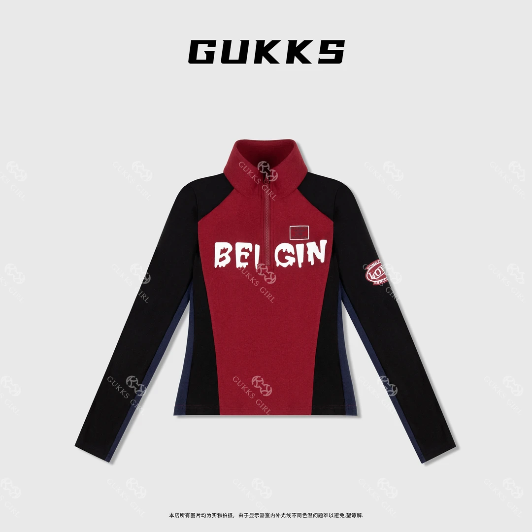 娜娜GUKKS/美式复古撞色拼接立领运动T恤打底衫加绒加厚