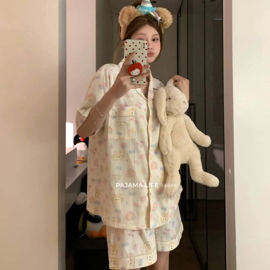 韩版可爱厨师饼饼睡衣女款夏季短袖短裤提花卡通ins风家居服套装
