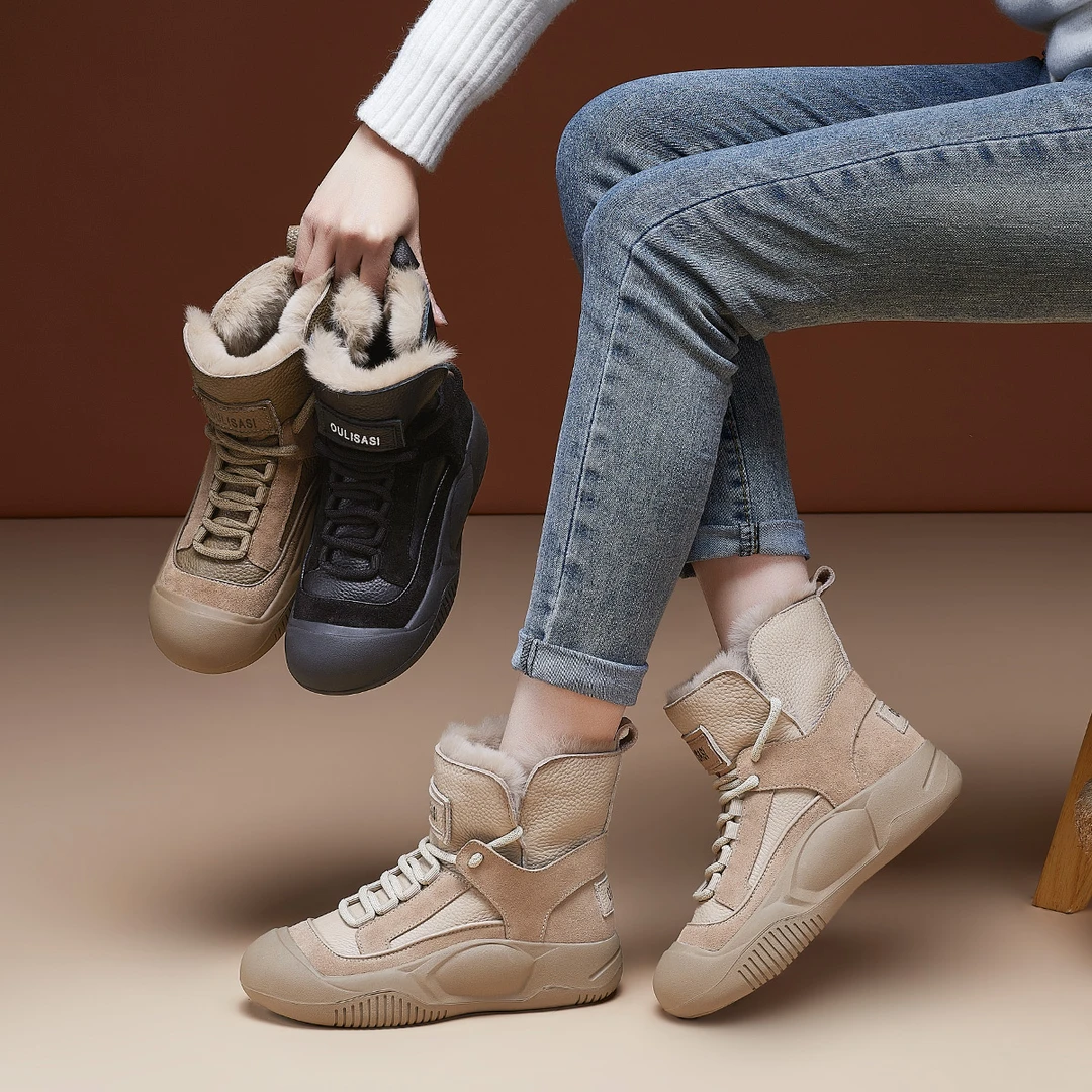 203头层牛皮新款女士雪地靴冬季新款4cm系带防滑加厚保暖靴