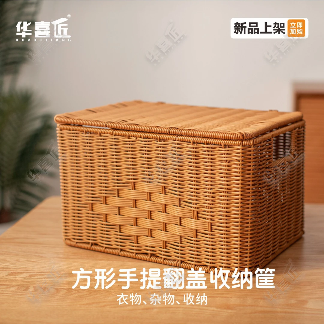 华喜匠W509仿藤方形手提翻盖收纳筐家用衣物杂物收纳篮36*26*22