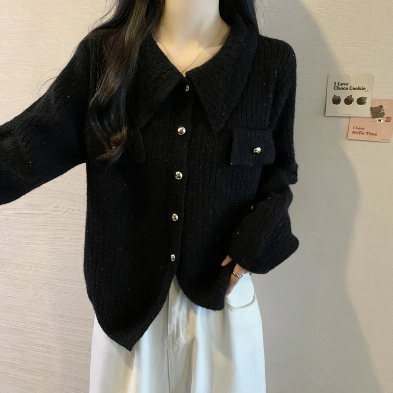 翻领毛衣外套针织开衫女秋冬大码胖mm韩版宽松显瘦遮肚子毛线上衣