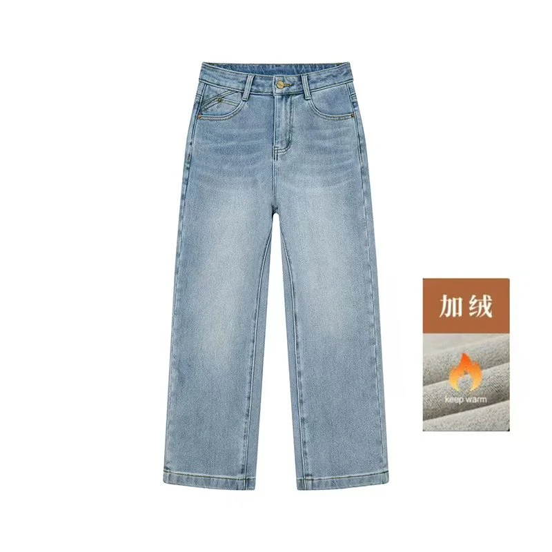 冬季新款加绒幕尚蓝四面弹牛仔裤小个子高腰窄版直筒九分显高显瘦