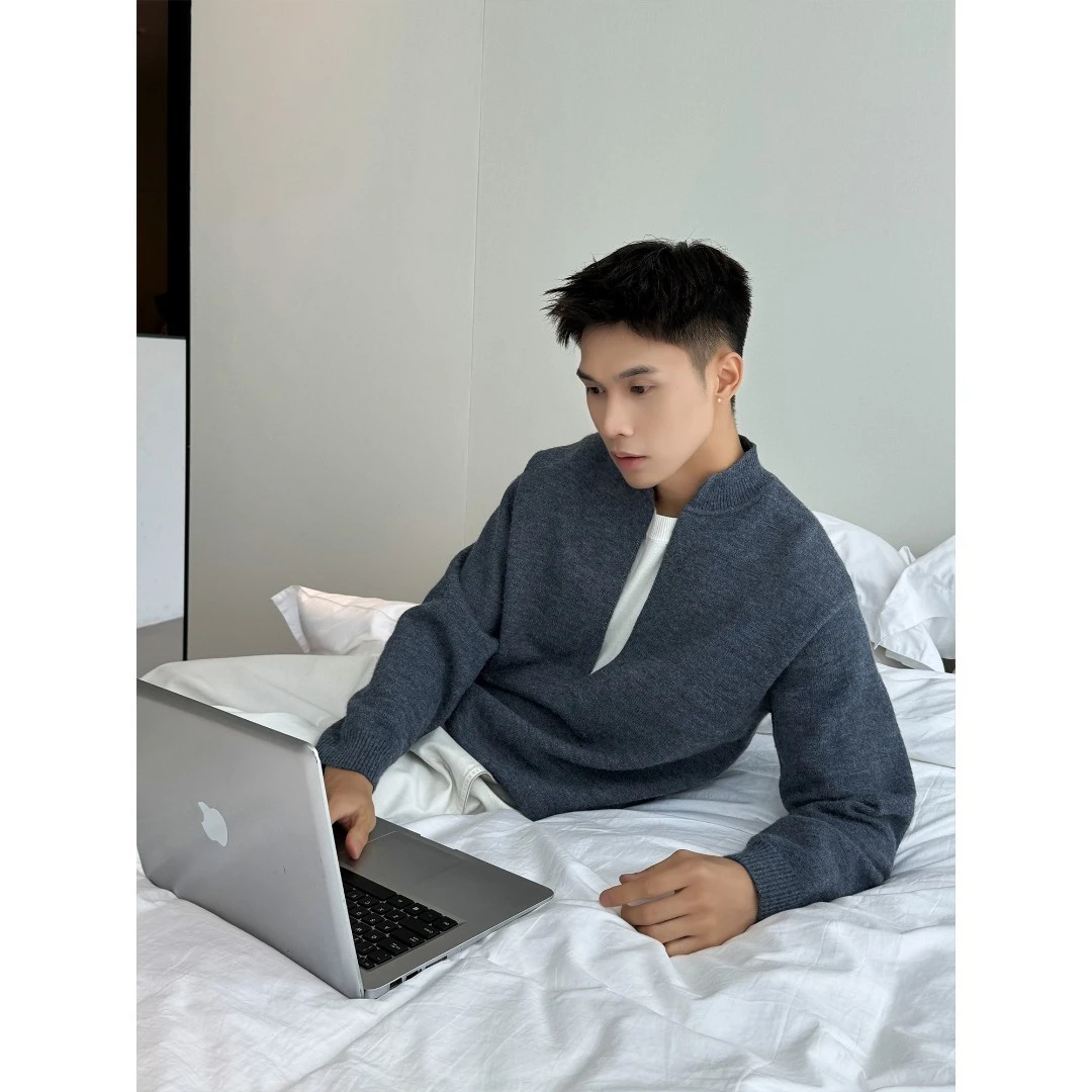 秋冬细纱混纺立领解构拼接假两件百搭针织衫