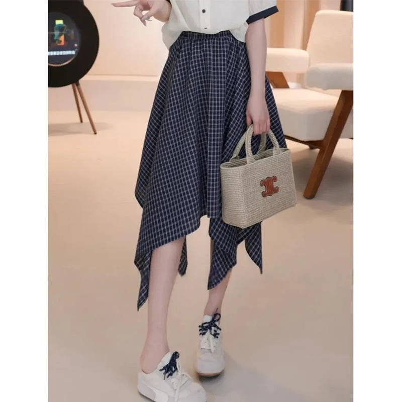 复古显瘦格子中长款裙子女2025年夏季新款设计感不规则A字半身裙