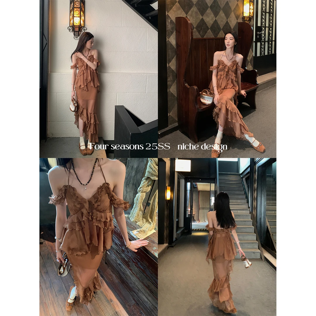 区区欧阳 荷叶边挂脖无袖衬衫女夏季雪纺衬衣设计感小众复古上衣