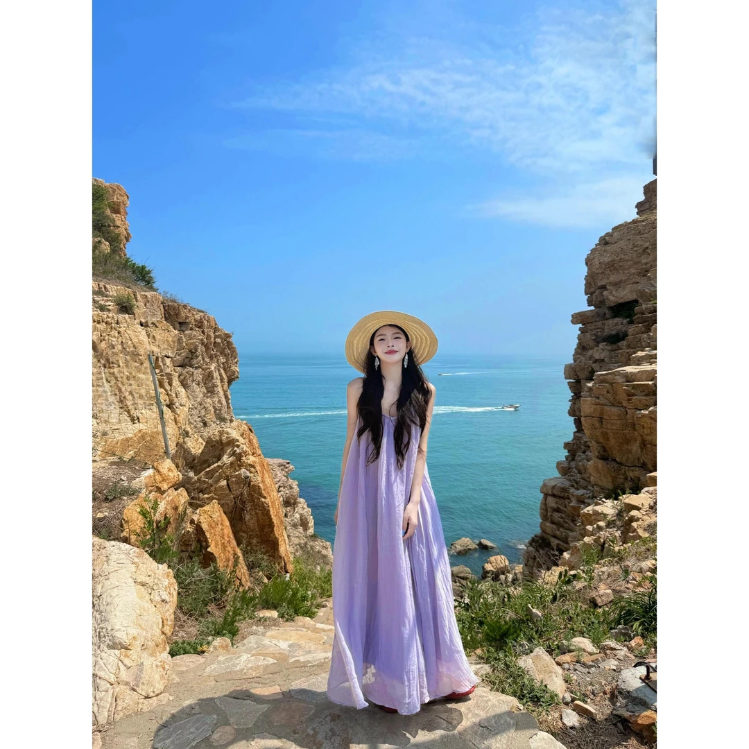 parkyeon夏季新款紫色挂脖吊带连衣裙女气质温柔海边度假风长裙子