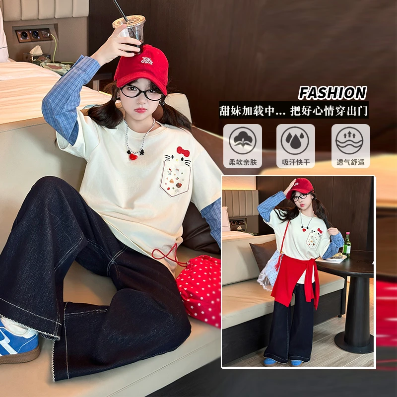 女童韩系长袖打底衫2025春秋季新款纯棉假两件小女孩甜酷宽松上衣