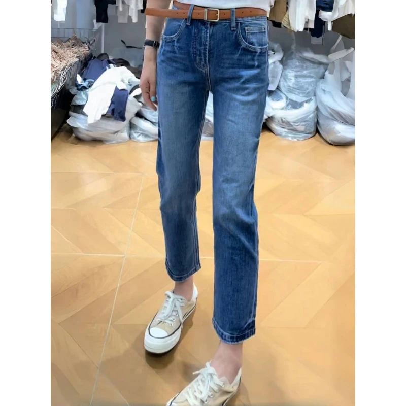 大码高腰弹力直筒牛仔裤女早秋新款梨型身材显瘦百搭九分烟管裤子