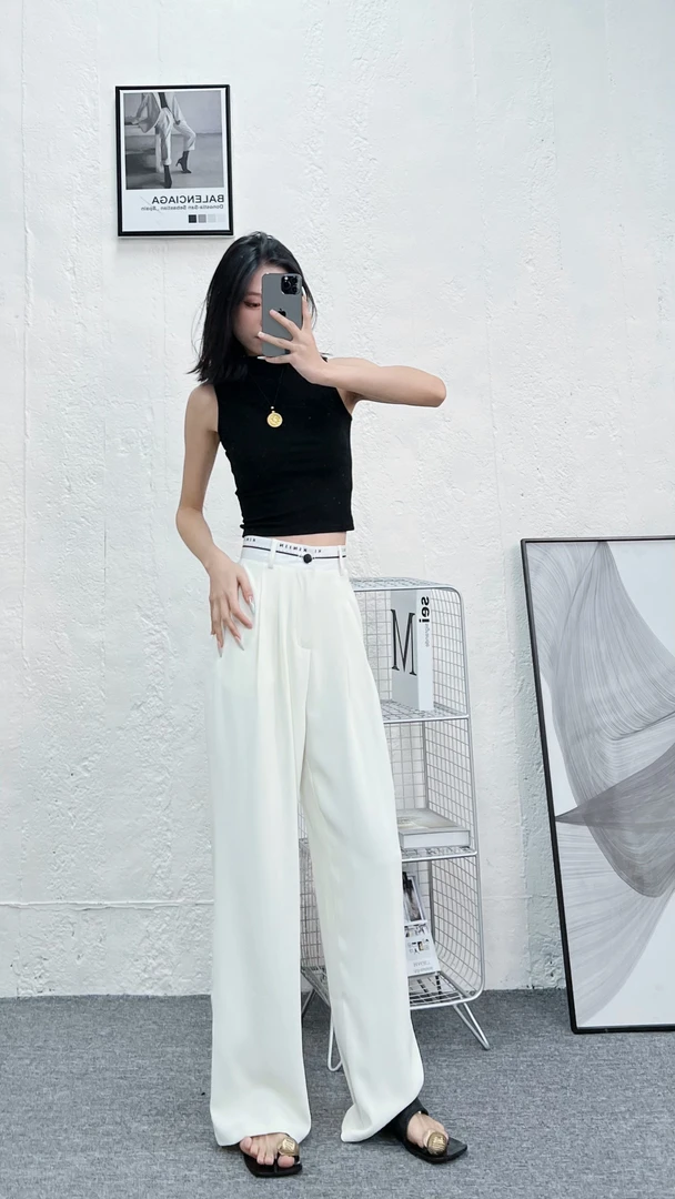 2025新款夏冰丝西装阔腿裤女字母腰头高腰垂感直筒休闲拖地裤2519