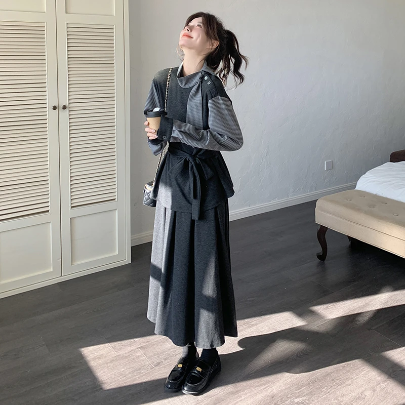 深灰色假两件收腰上衣套装女2025秋季韩系高级感气质半身裙两件套