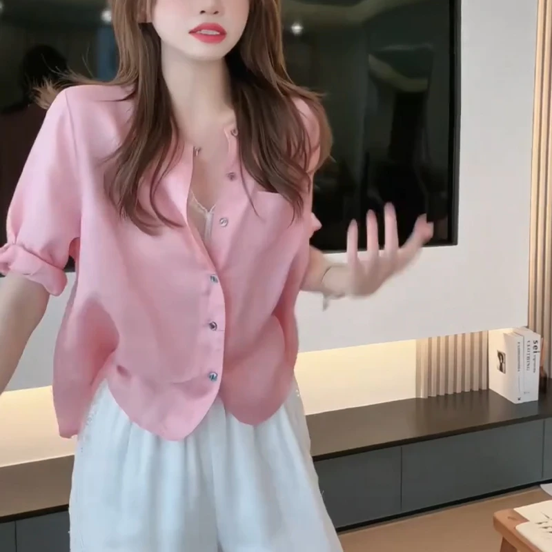 【陈陈私服】100%苎麻洋气宽松百搭纯色衬衫简约时尚中袖衬衣女