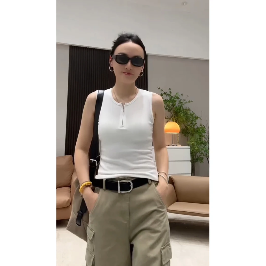 2025夏季新款时髦休闲百搭半拉链设计感修身显瘦外穿背心上衣女