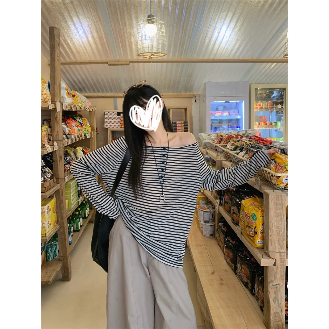 慵懒风撞色条纹露肩长袖T恤女装夏季宽松显瘦百搭减龄薄款上衣服