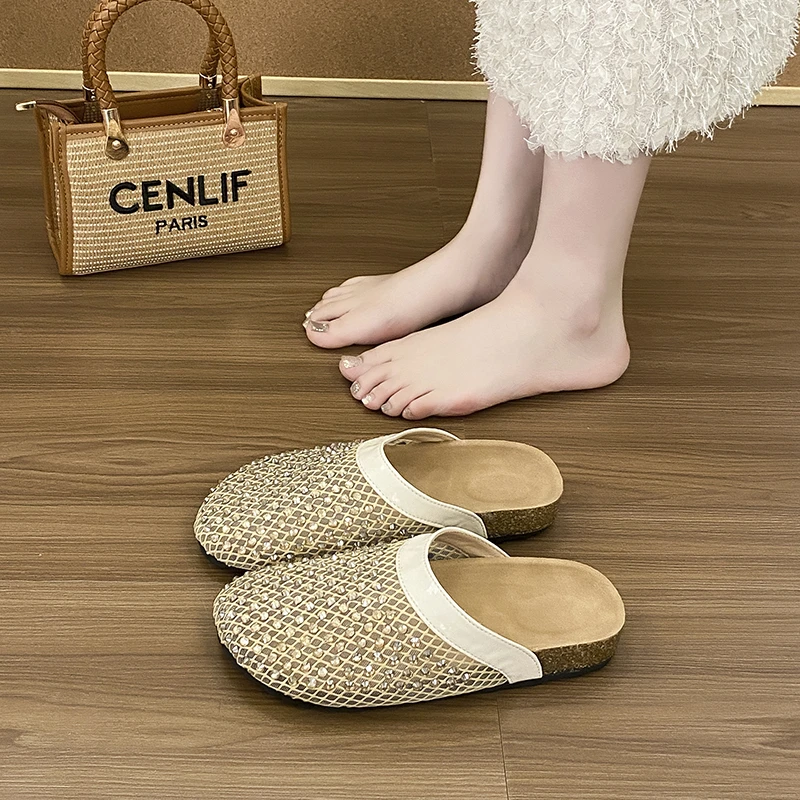 2025新款时尚厚底网面水钻包头拖女外穿平底懒人一脚蹬沙滩凉拖鞋