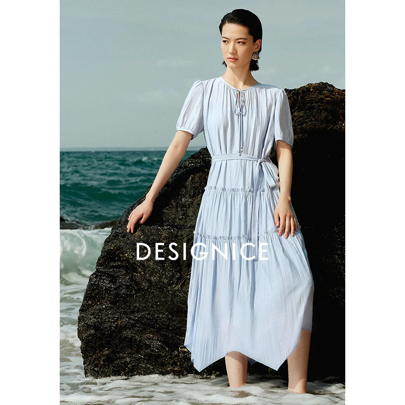迪赛尼斯夏季通勤气质蓝色长裙优雅高腰圆领短袖连衣裙