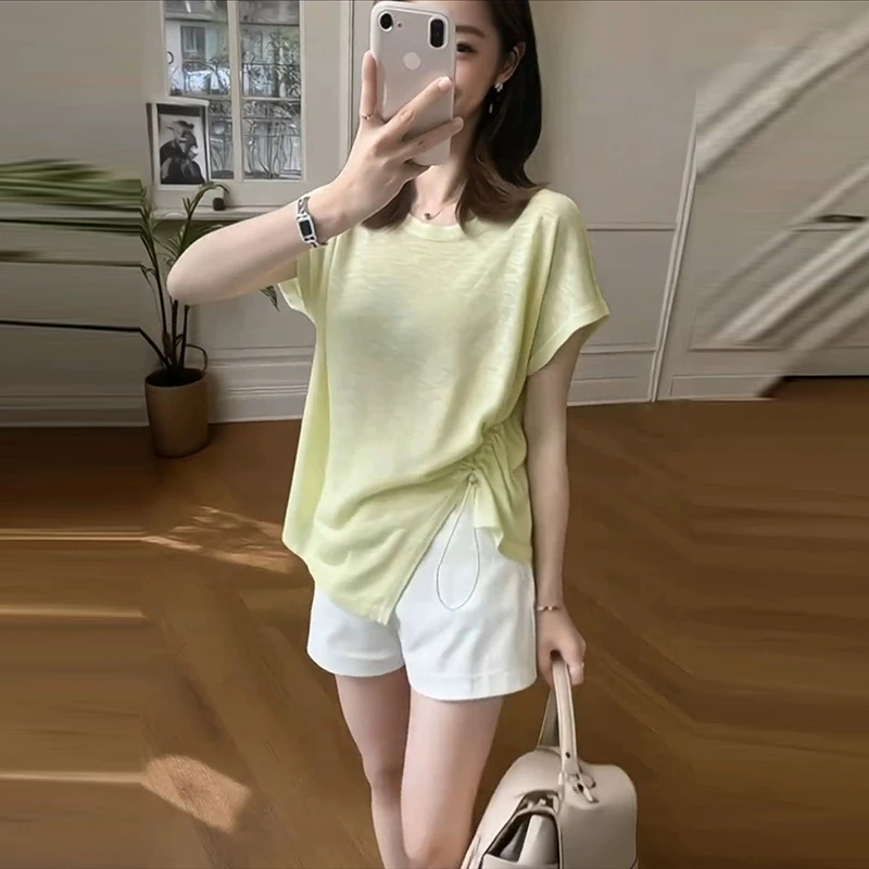 卡莲格/【品牌高货】设计感抽绳显瘦T恤女夏冰爽雪花棉洋气短袖上衣