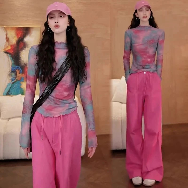 时尚休闲套装女春夏新款洋气质显瘦网纱印花上衣高腰阔腿裤两件套