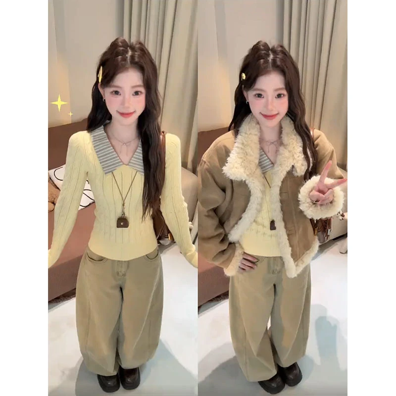 今年流行套装2025新款宽松长袖外套修身针织衫显瘦阔腿裤三件套女