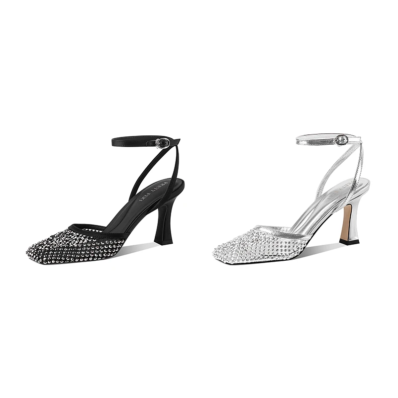 【跟高7cm】2025年夏季新款水钻包头粗跟高跟后空一字带扣凉鞋百搭