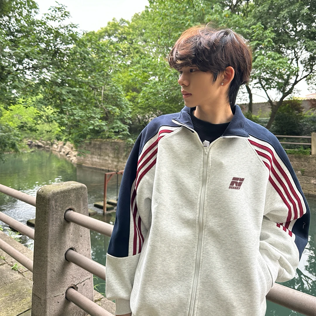 美式潮牌几何印花撞色三条杠立领开衫外套男女秋冬情侣宽松卫衣