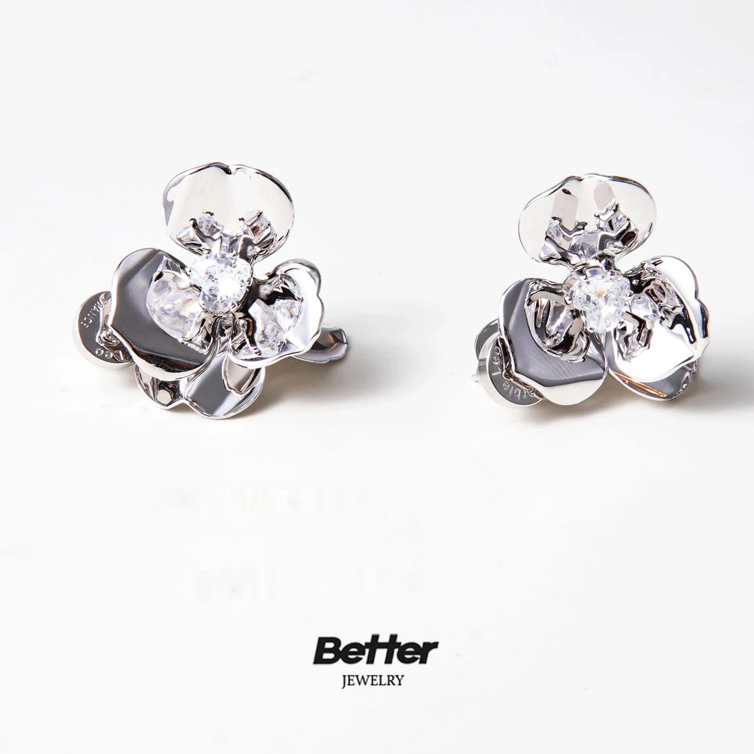 铜合金耳饰 A616 MARBLE LEO肌理银色三叶花耳钉 【NANA】