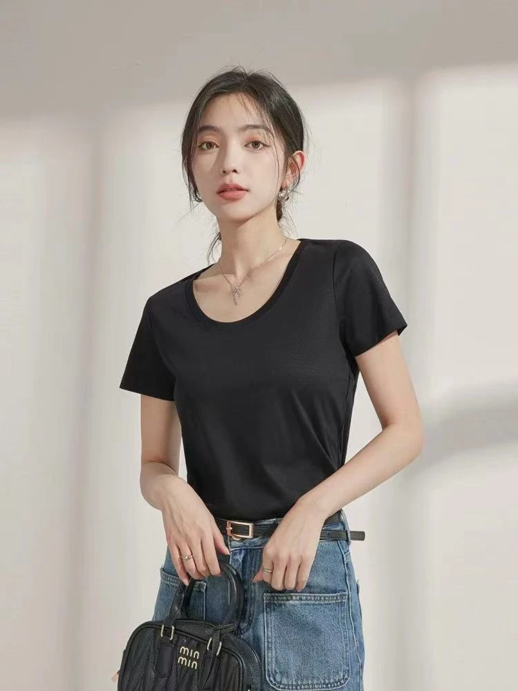 0511 丝光凉感t恤女大圆领半袖短袖宽松外穿打底衫上衣