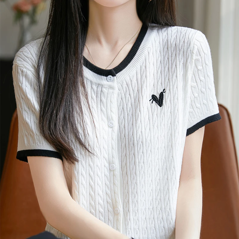 夏日小清新撞色圆领刺绣针织短袖女LA CHAPELLE HOMME.Y2507.SR丝